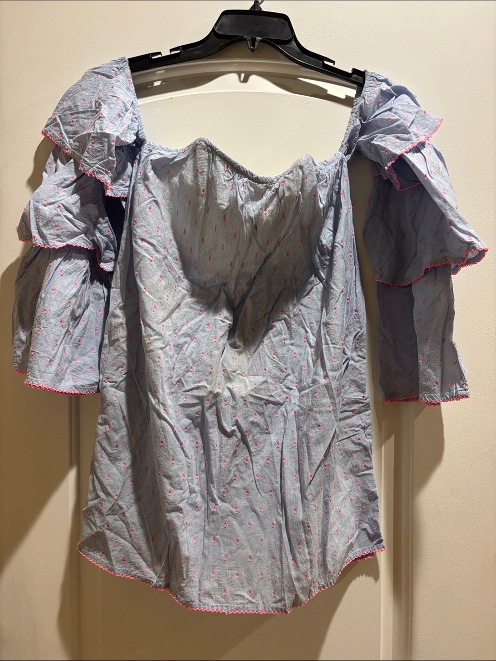 Lovers + Friends Light Blue Off-Shoulder Ruffle mini Dress with Pink Trim XS